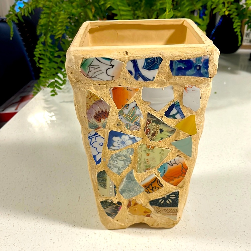 Vase - New folk art pottery handmade with ceramic dish patterns. 9 1/2"T x 6"W